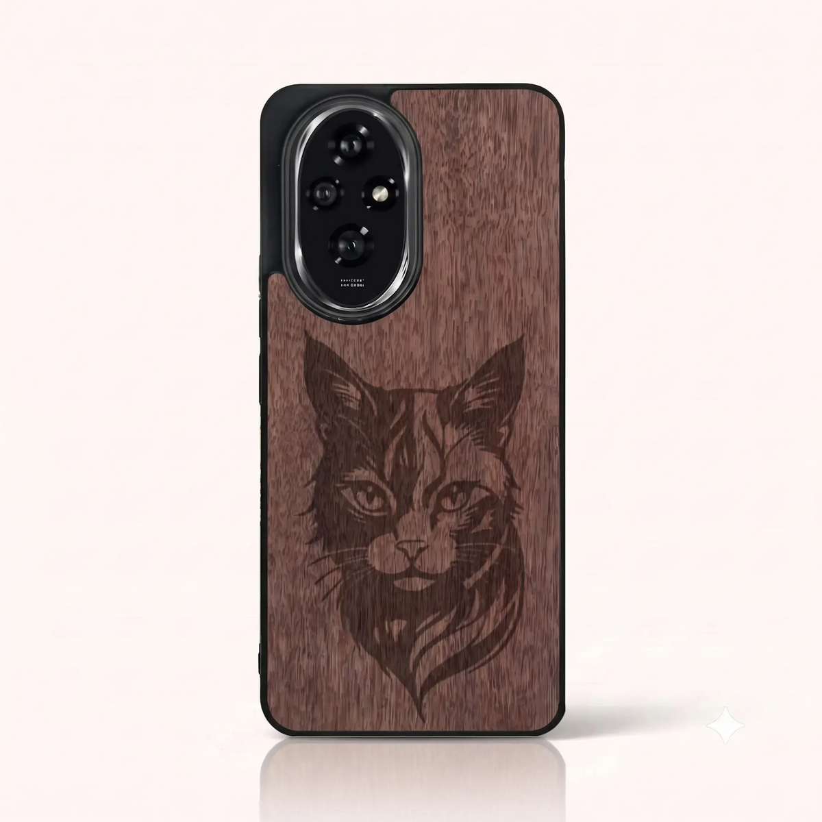 Coque Honor 200 – Le Chat en gravure sur bois (Noyer)