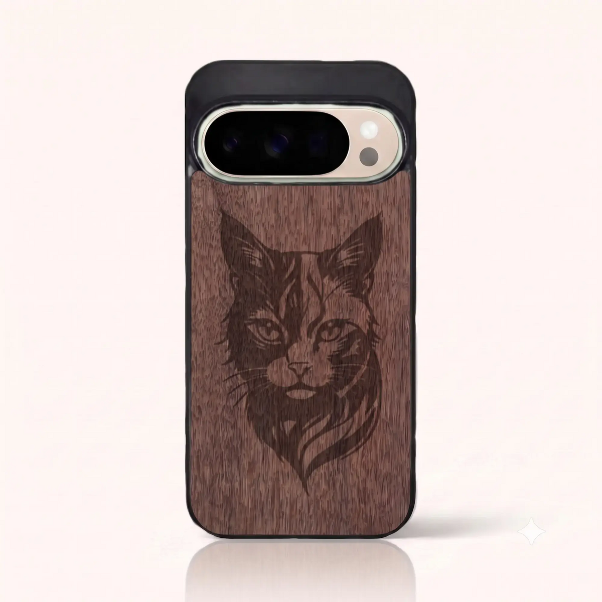 Coque Pixel 10 Pro – Le Chat en gravure sur bois (Noyer)