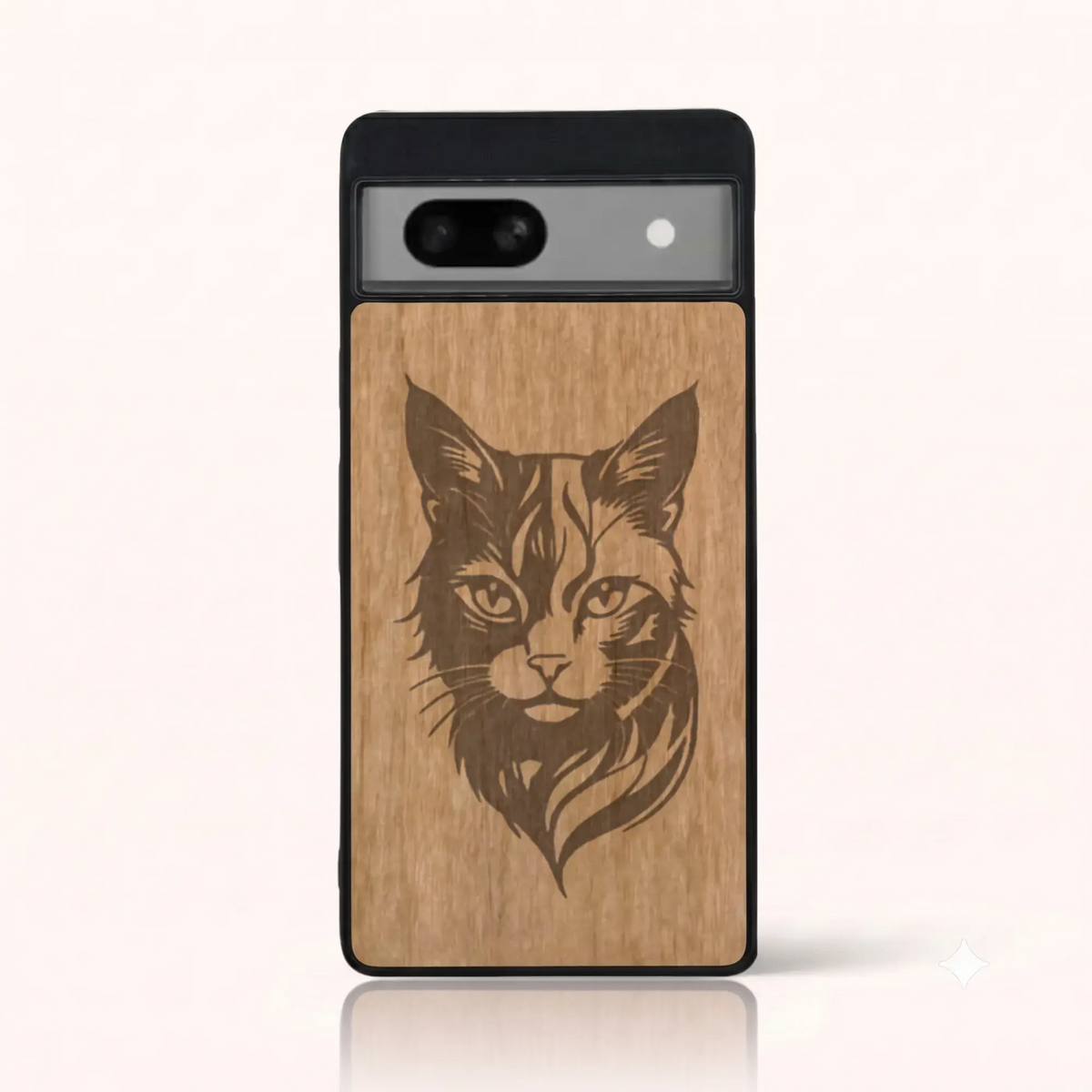 Coque Pixel 7A – Le Chat en gravure sur bois (Tilleul)