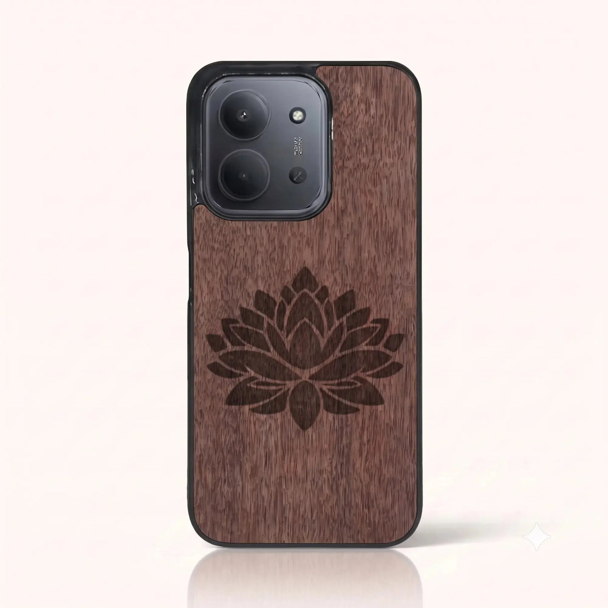 Coque Xiaomi Redmi 15C – Fleur de Lotus en bois de noyer foncé