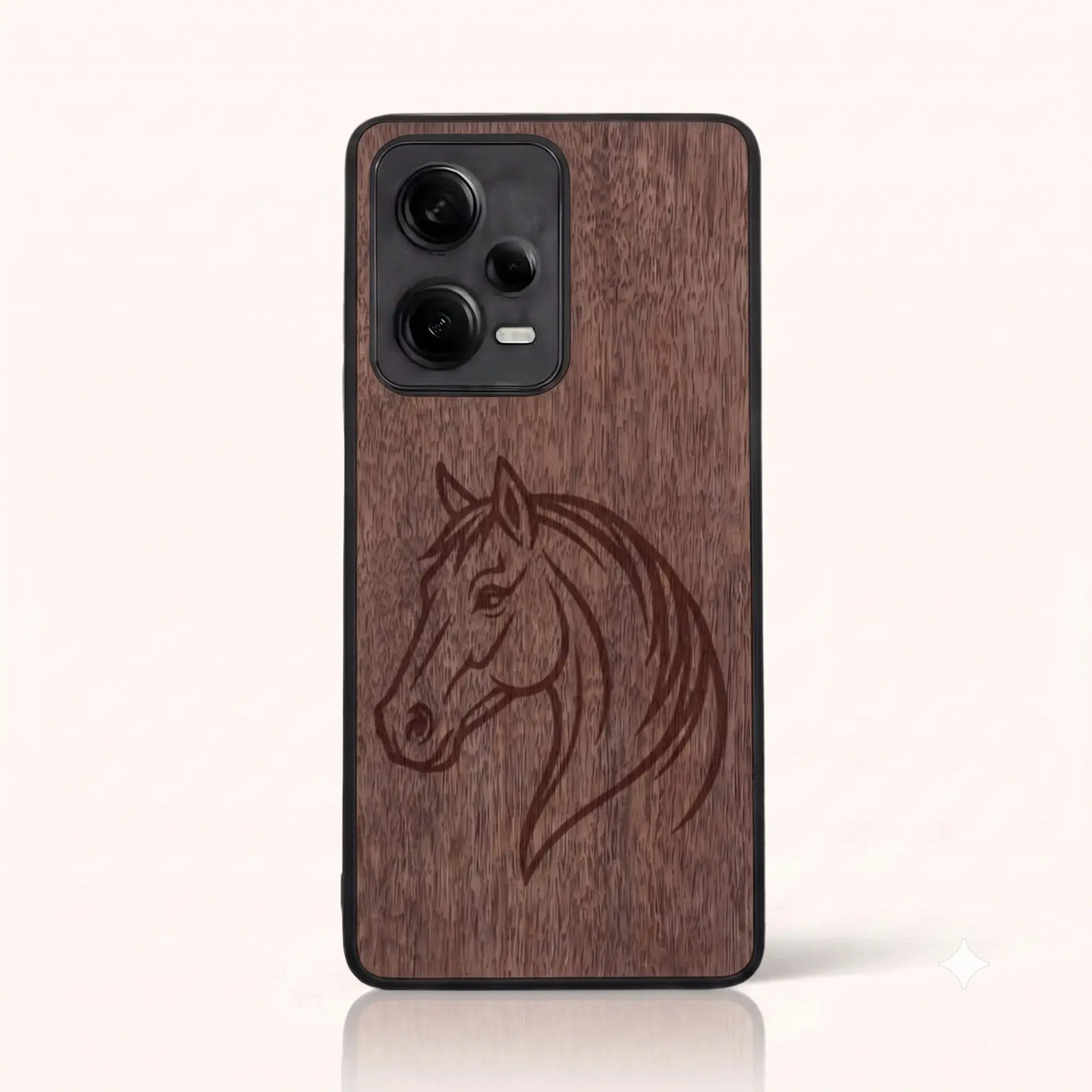 Coque Xiaomi Redmi Note 12 Pro 5G – Le Cheval en gravure sur bois (Noyer)