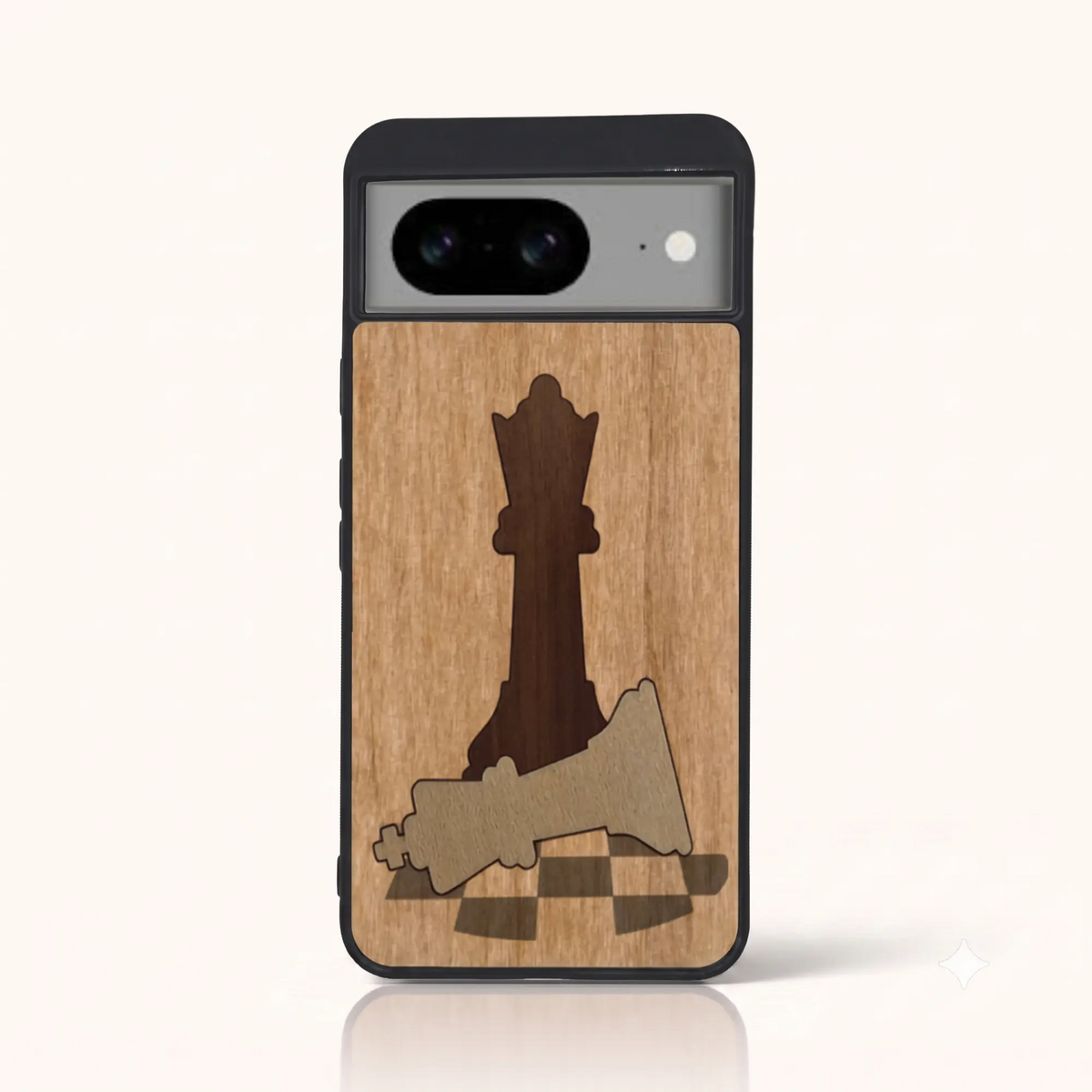 Coque de téléphone en bois marqueterie Échec et Mat – Pixel 8
