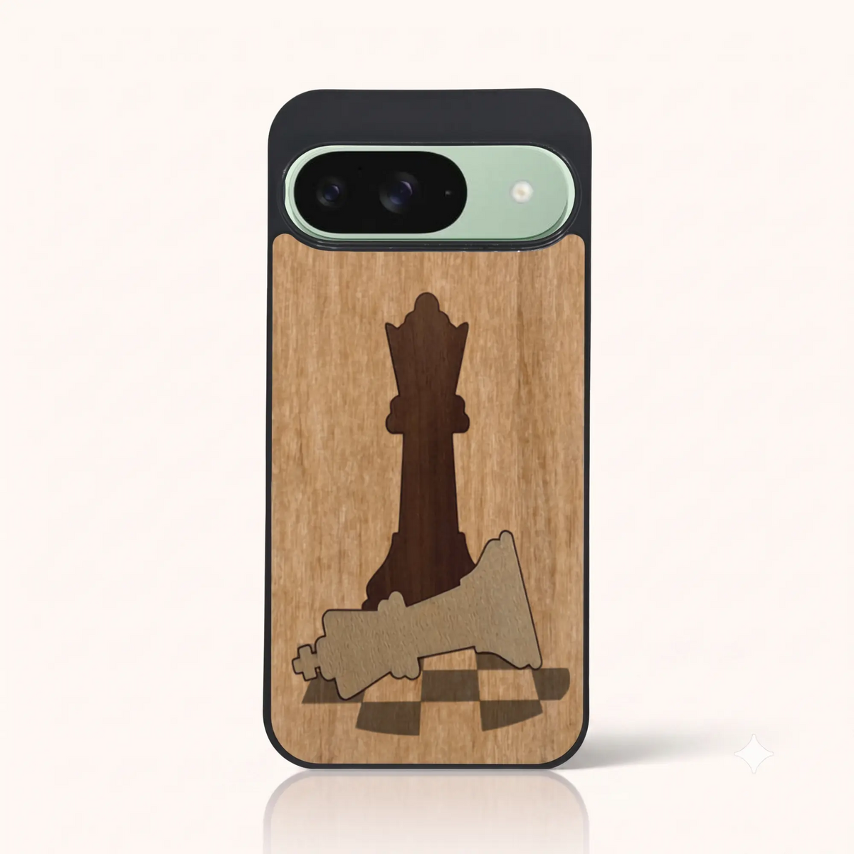 Coque de téléphone en bois marqueterie Échec et Mat – Pixel 9