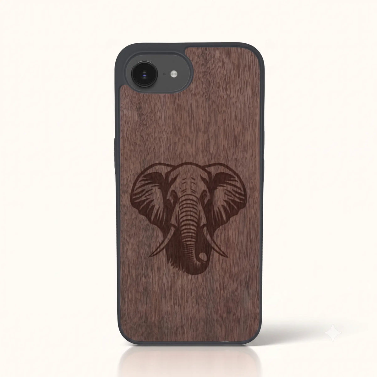 Coque iPhone 16e – Éléphant en bois de noyer foncé
