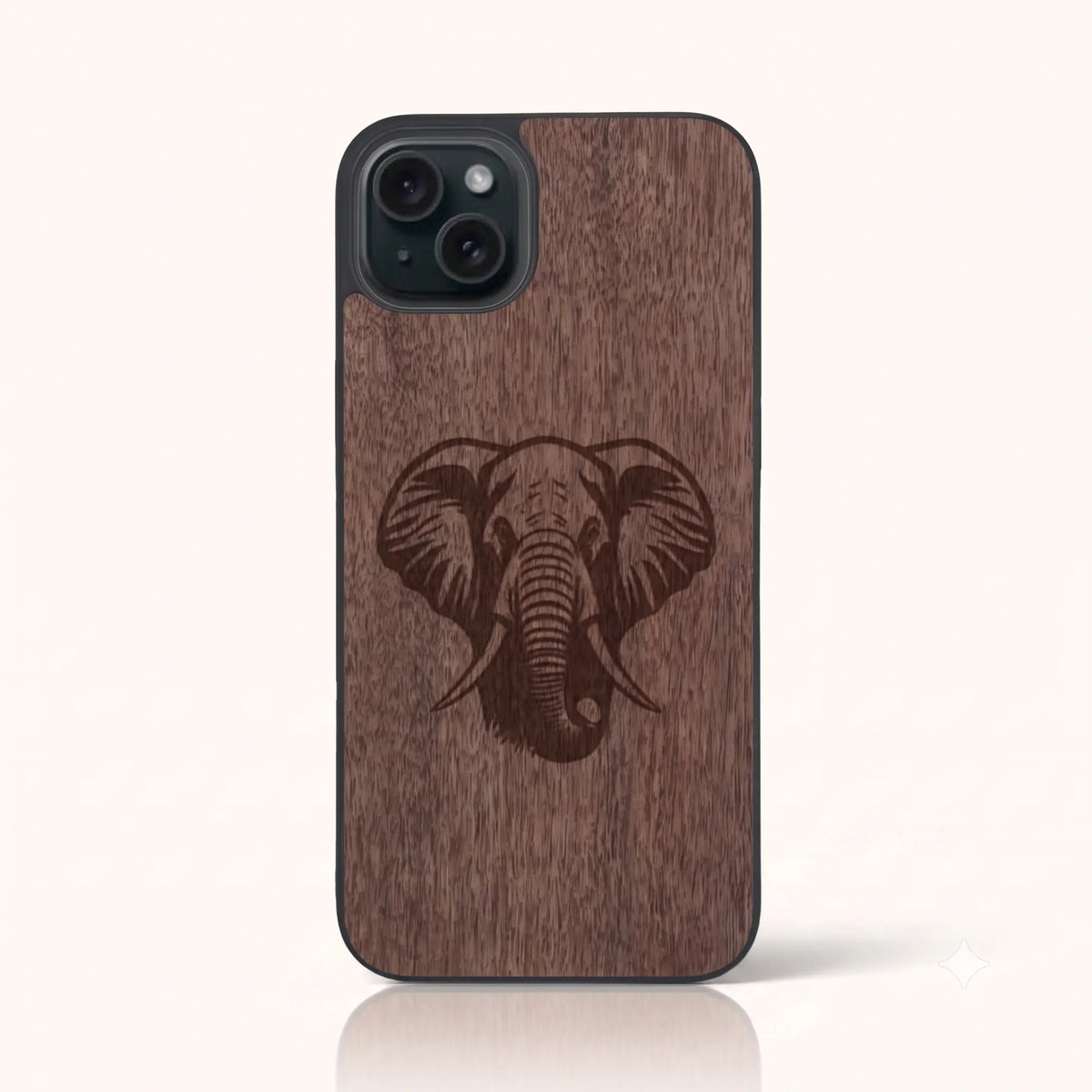 Coque iPhone 13 Mini – Éléphant en bois de noyer foncé