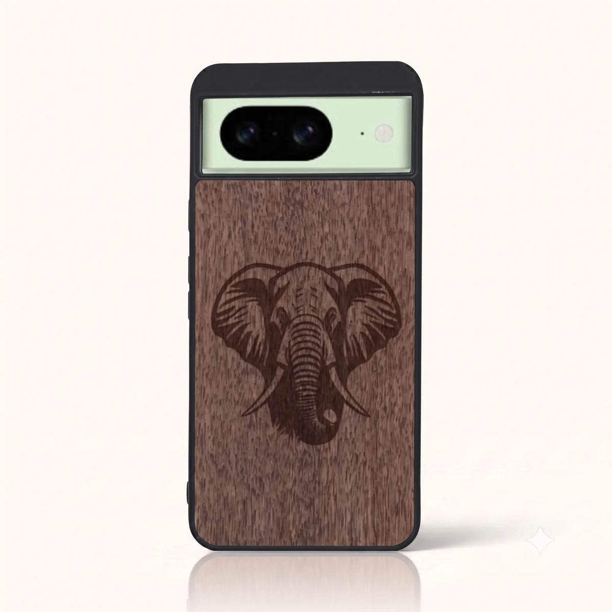 Coque Pixel 8A – Éléphant en bois de noyer foncé