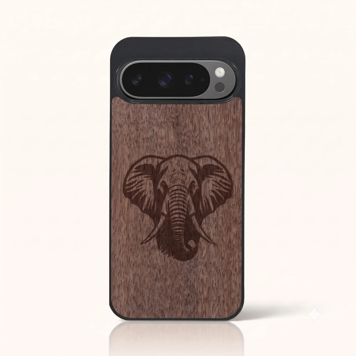 Coque Pixel 9 Pro – Éléphant en bois de noyer foncé
