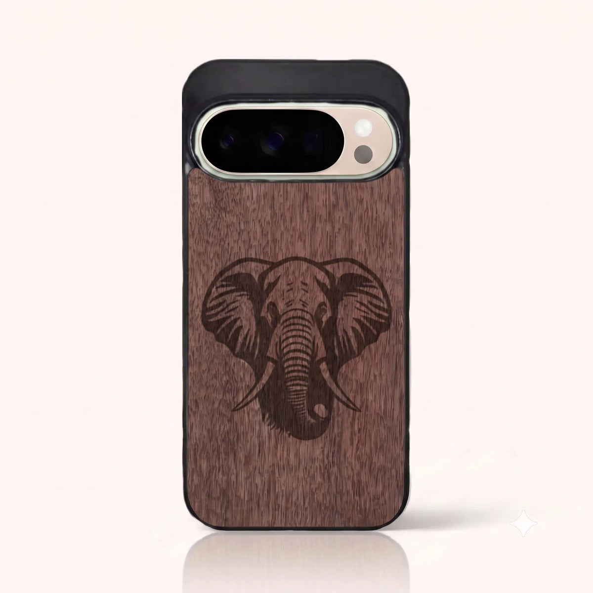 Coque Pixel 10 Pro – Éléphant en bois de noyer foncé