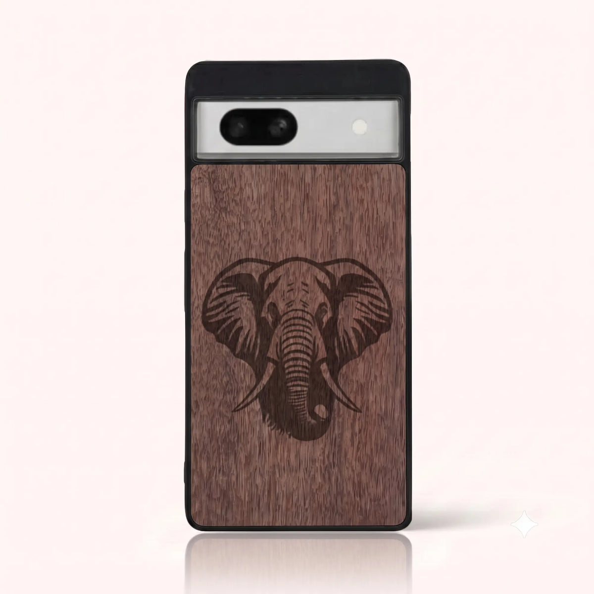 Coque Pixel 7A – Éléphant en bois de noyer foncé