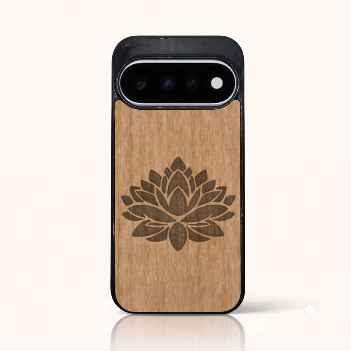 Coque Pixel 11 et 11 Pro – Fleur de Lotus en bois de tilleul clair