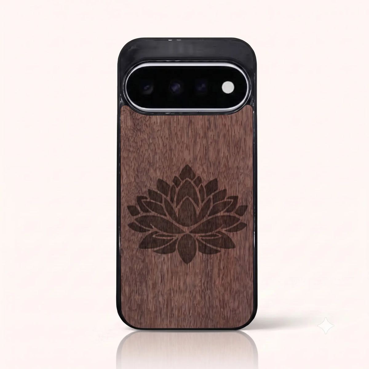 Coque Pixel 11 et 11 Pro – Fleur de Lotus en bois de noyer foncé