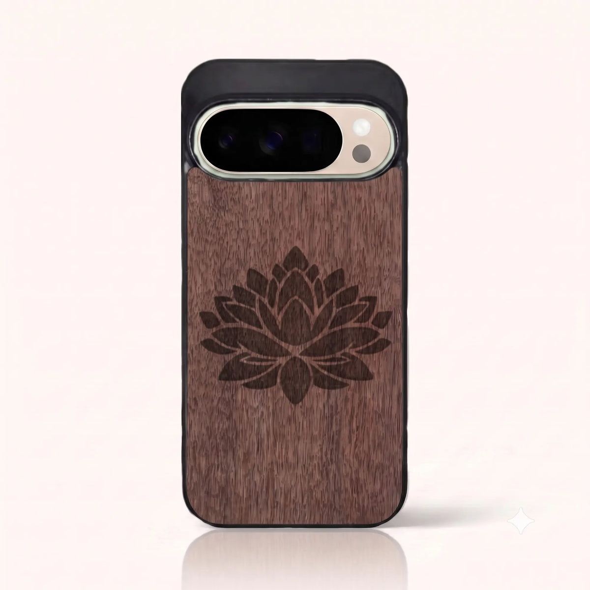 Coque Pixel 10 Pro – Fleur de Lotus en bois de noyer foncé