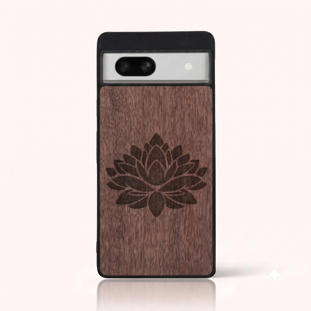 Coque Pixel 7A – Fleur de Lotus en bois de noyer foncé