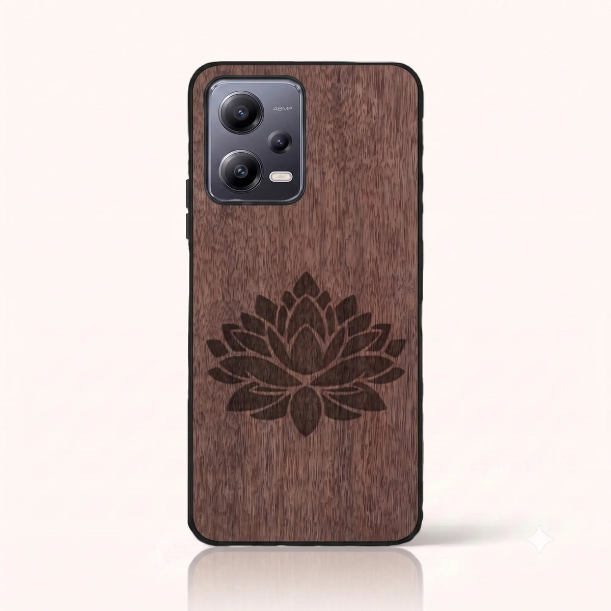 Coque Xiaomi Redmi Note 12 5G – Fleur de Lotus en bois de noyer foncé
