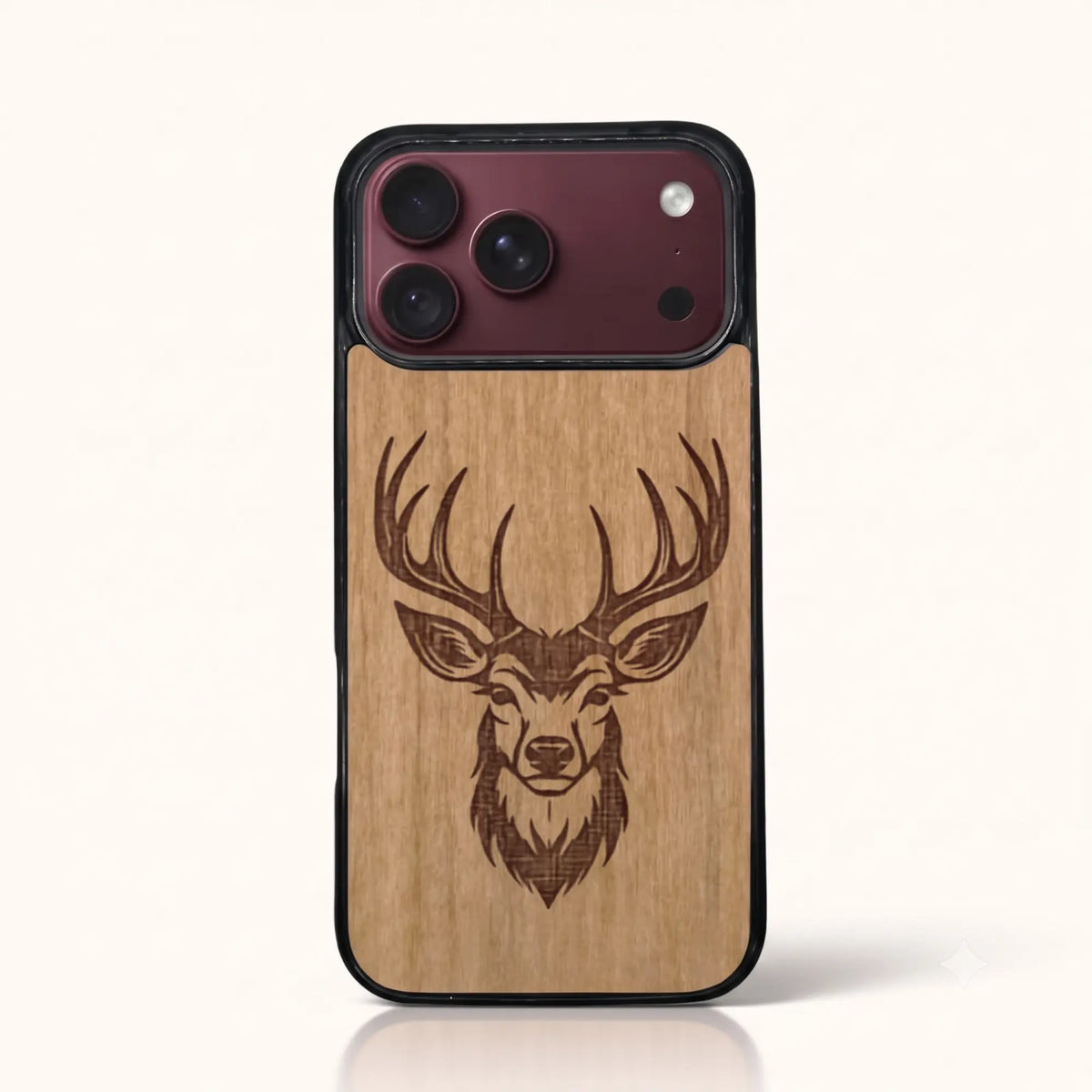 Coque iPhone 18 Pro Max – Le Cerf en gravure sur bois (Tilleul)