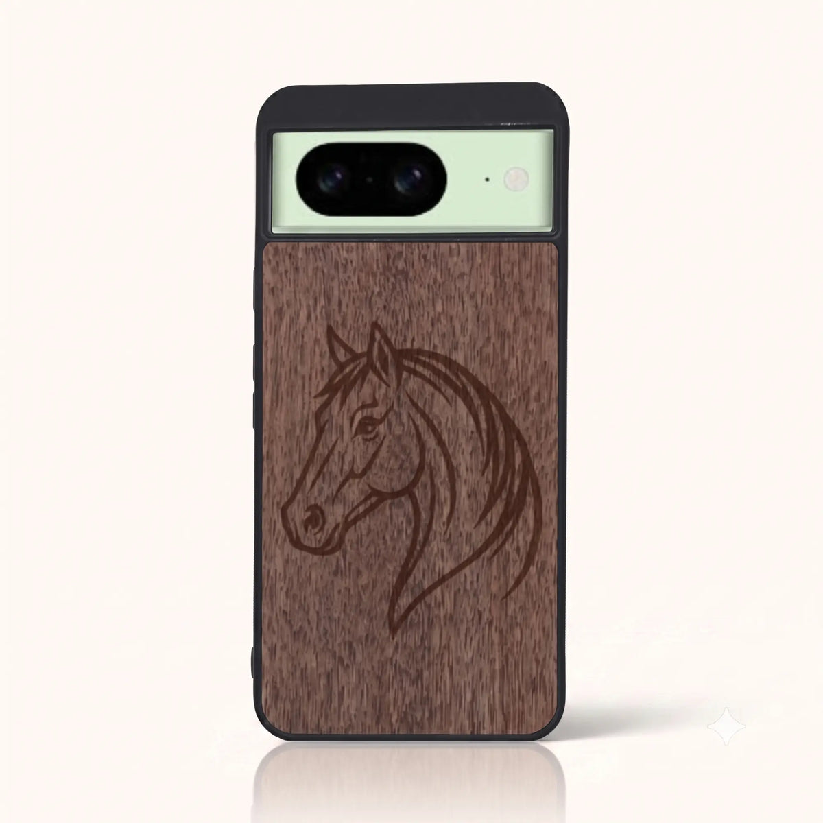 Coque Pixel 8A – Le Cheval en bois de noyer foncé
