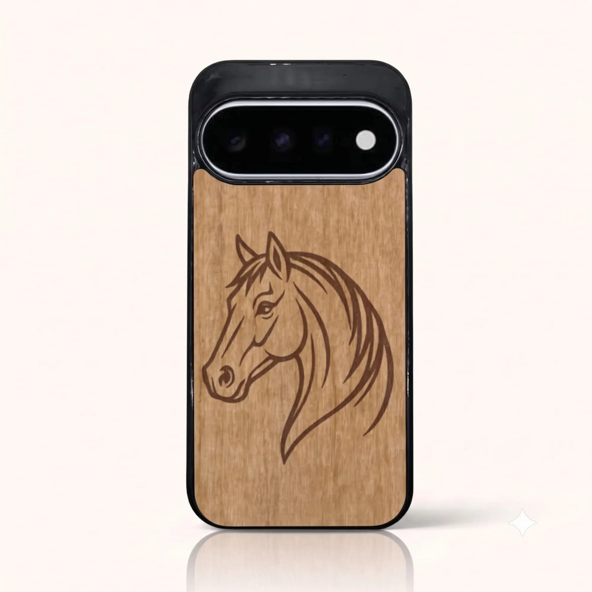 Coque Pixel 11 et 11 Pro – Le Cheval en gravure sur bois (Tilleul)