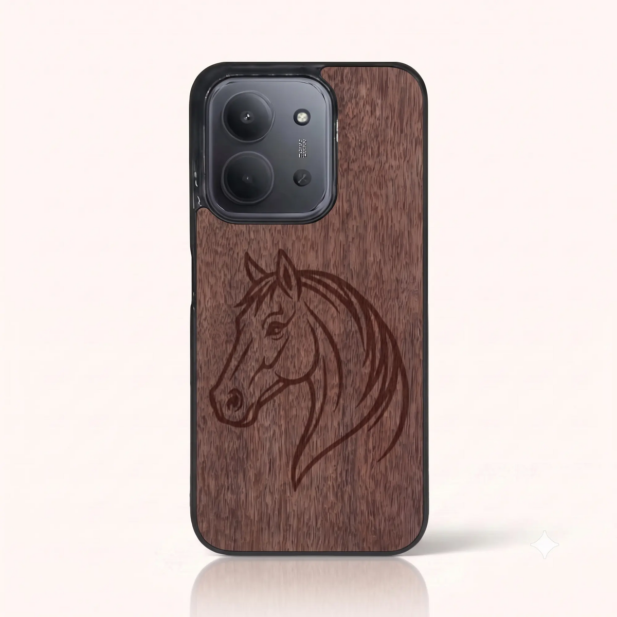Coque Xiaomi Redmi 15C – Le Cheval en gravure sur bois (Noyer)