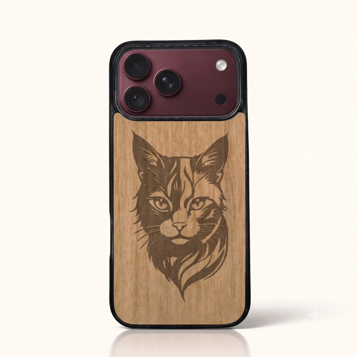 Coque iPhone 18 Pro Max – Le Chat en gravure sur bois (Tilleul)