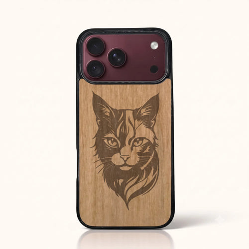 Coque iPhone 18 Pro Max – Le Chat en gravure sur bois (Tilleul)