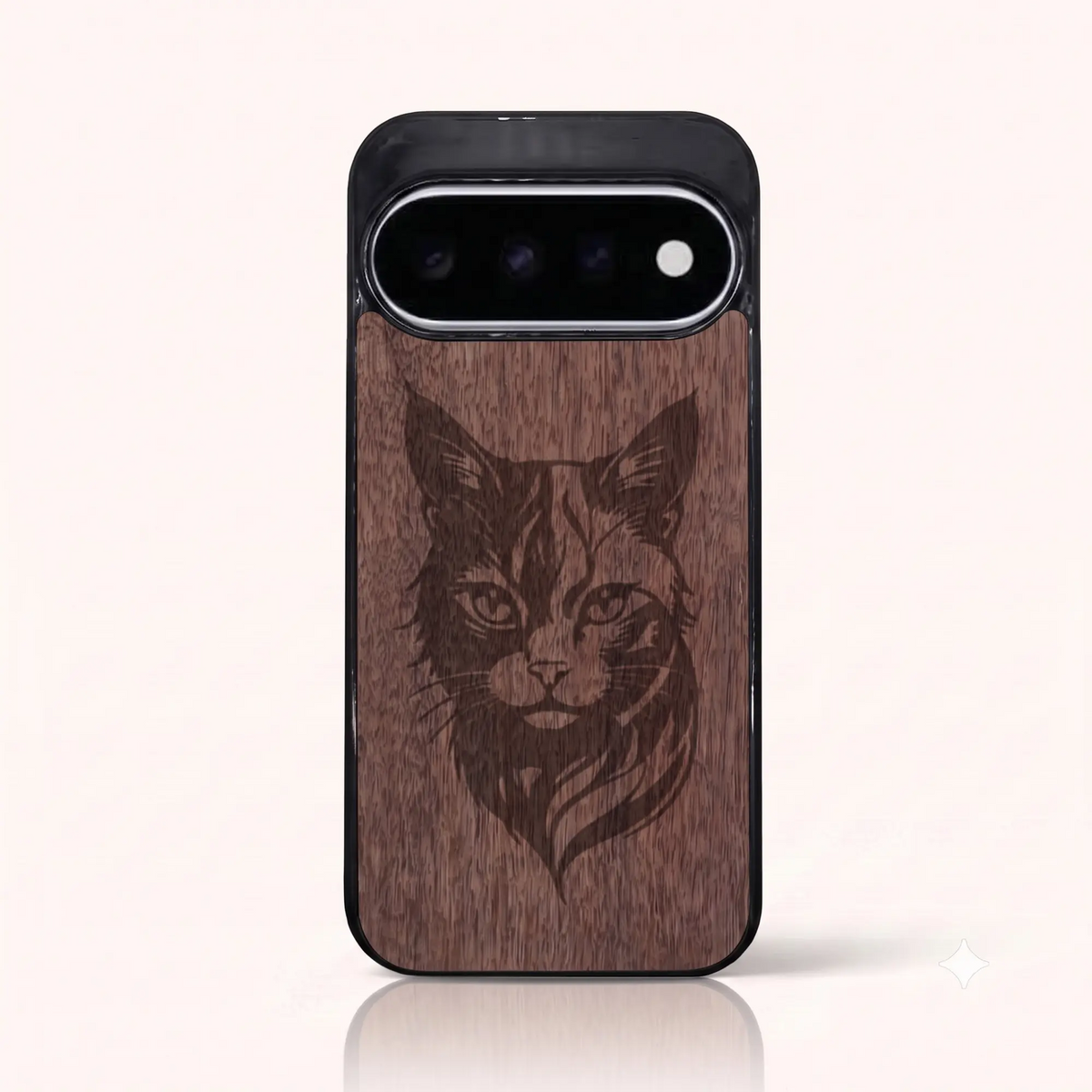 Coque Pixel 11 et 11 Pro – Le Chat en gravure sur bois (Noyer)