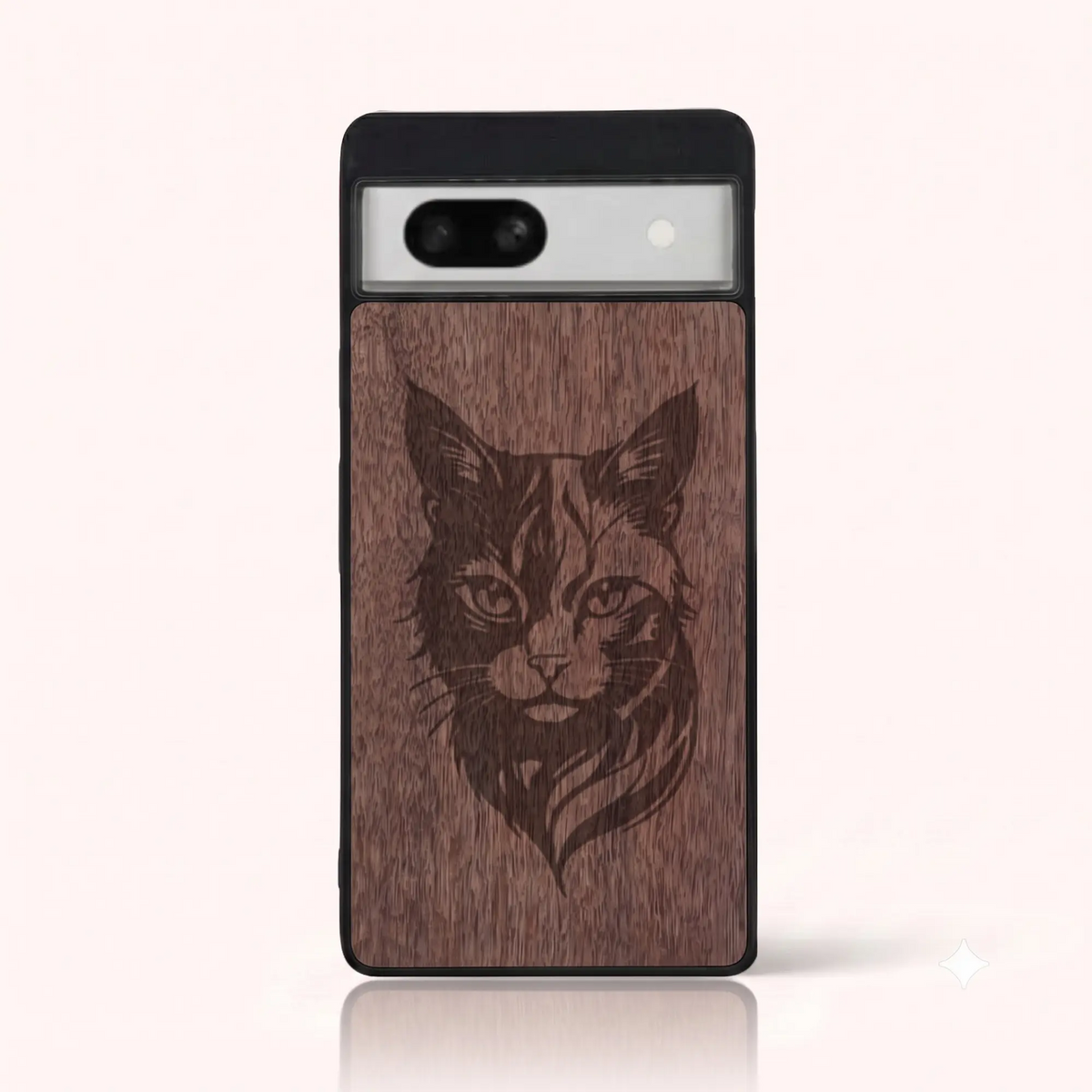 Coque Pixel 7A – Le Chat en gravure sur bois (Noyer)
