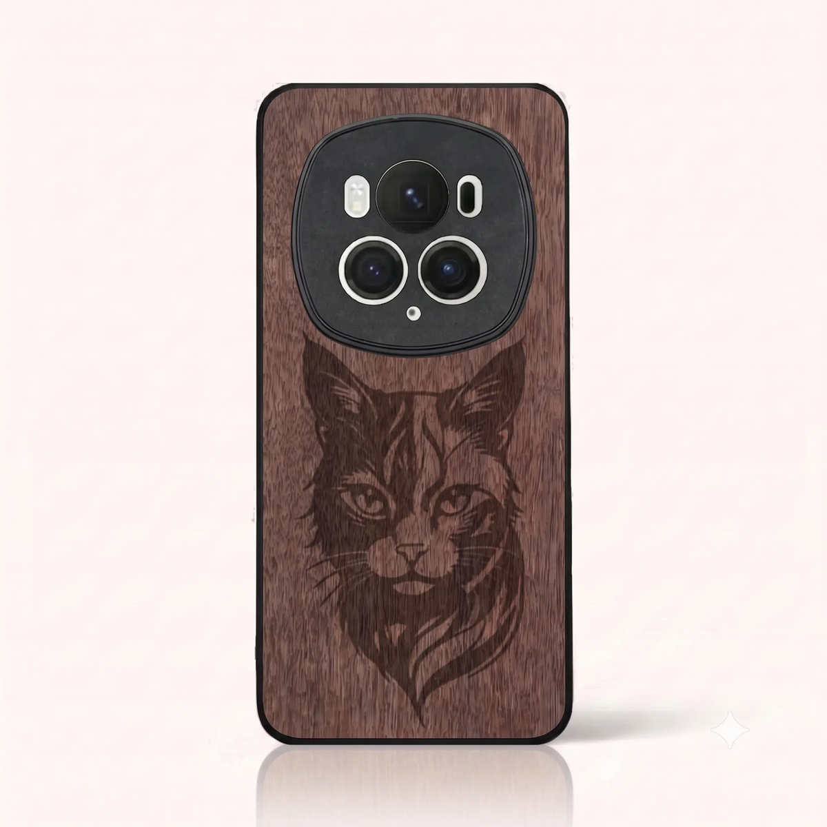 Coque Honor Magic 6 Pro – Le Chat en gravure sur bois (Noyer)