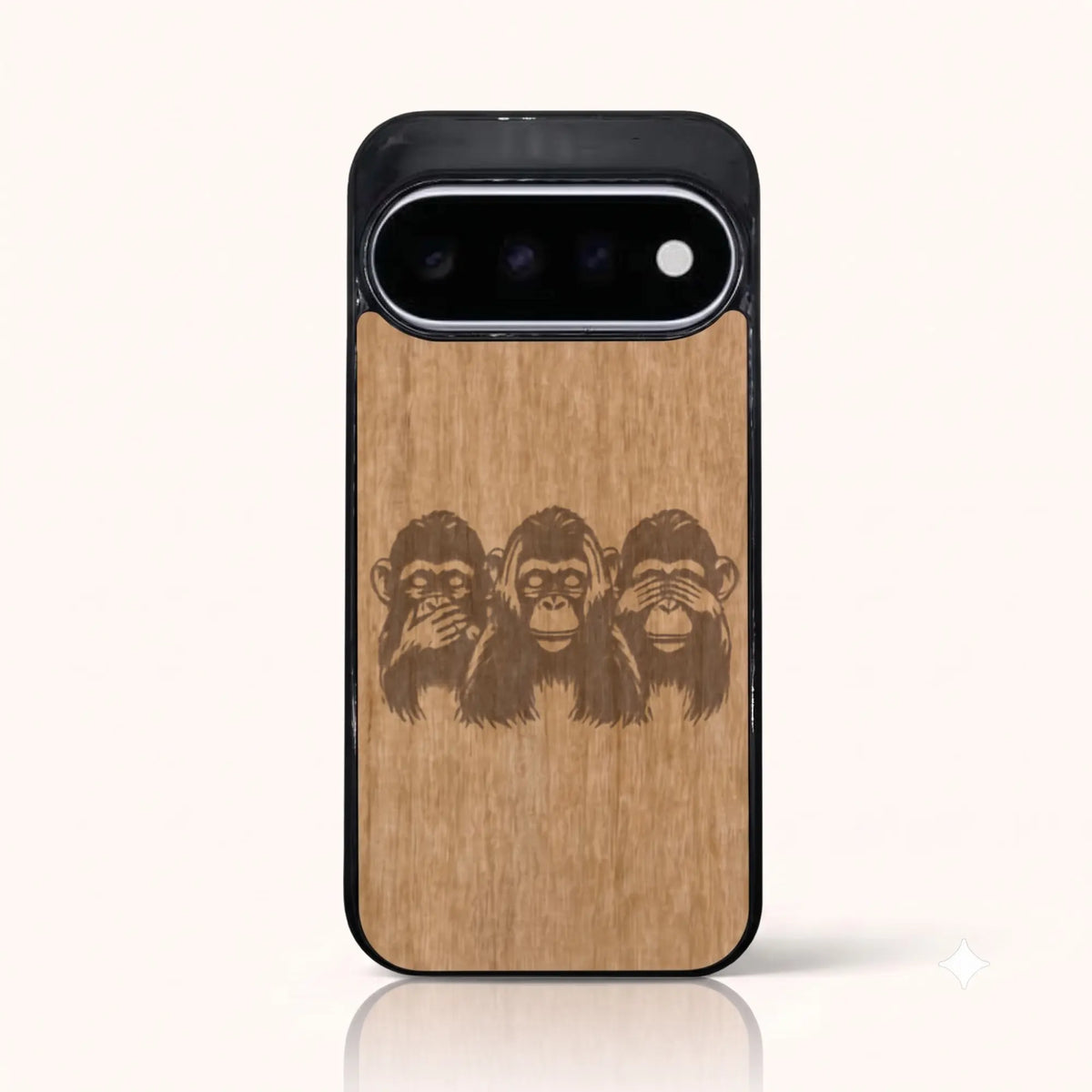 Coque Pixel 11 et 11 Pro – Les Singes de la sagesse en bois de tilleul clair