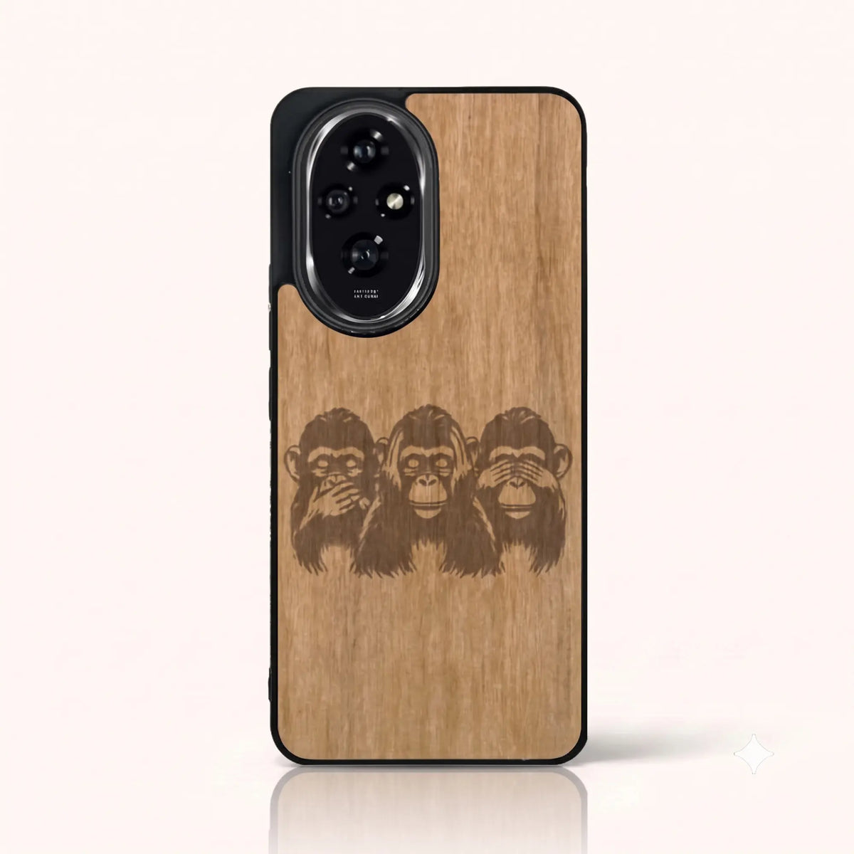 Coque Honor 200 – Les Singes de la sagesse en bois de tilleul clair